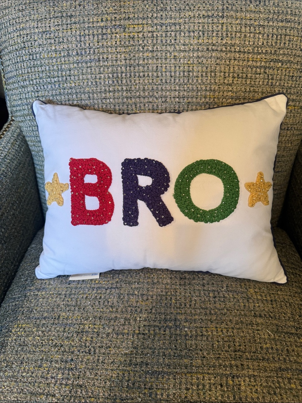 Pottery Barn Kids White Pillow with Red, Purple, Green and Gold Appliqué BRO